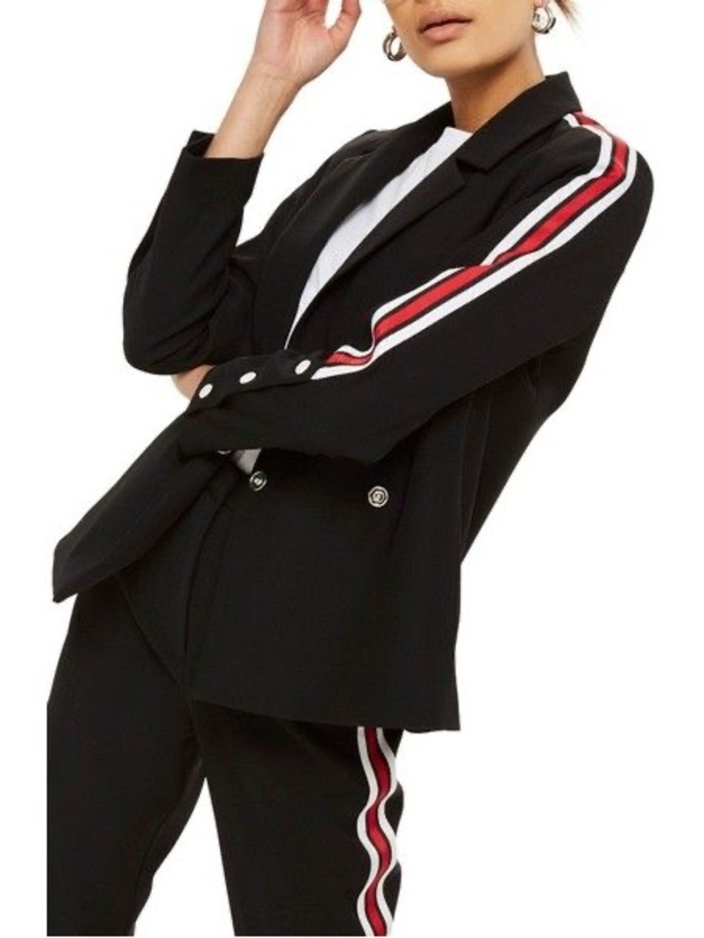 Topshop Black Blazer Jacket Side Stripe Sporty Chic Button Cuff Athletic